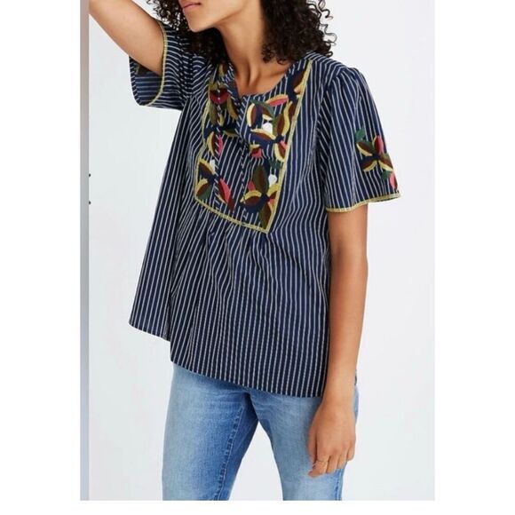Madewell Fable Cotton Blue Stripe Floral Embroidered Top Size xs - Picture 7 of 9